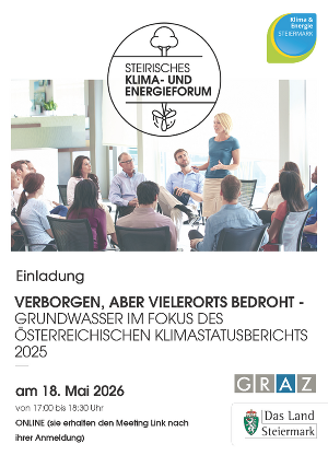 Zeigt das Titelblatt der Einladung zum 28. Steirisches Klima und Energieforum mit einer Gruppe Menschen in einem Sitzkreis.