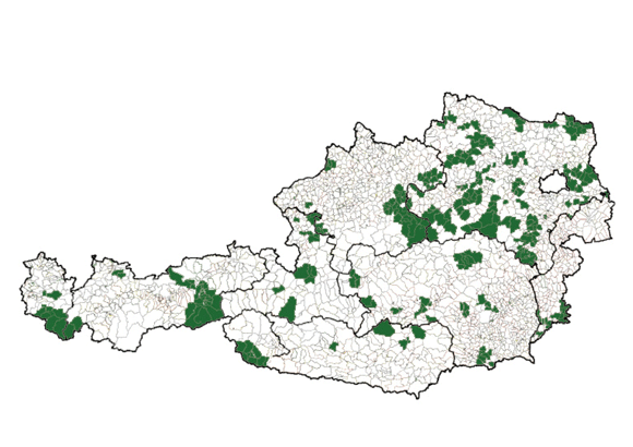 Österreichkarte mit Gemeinden (grün), die am Projekt teilgenommen haben bzw. gerade teilnehmen © CommunalAudit Österreichkarte mit Gemeinden (grün), die am Projekt teilgenommen haben bzw. gerade teilnehmen © CommunalAudit