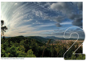 Zeigt das Titelblatt des Kapitel 2 - Klimaregionen. Landschaft mit Wolkenhimmel.