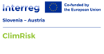 Logos von Interreg, der Europäischen Union und ClimRisk, Projekt zur Zusammenarbeit von Slowenien und Österreich.