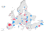 Karte Europas mit hervorgehobenen Regionen in Blau und Rot. 