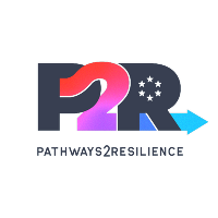 Logo "Pathways2Resilience": stilisierter Pfeil in Blau-Rot-Farbverlauf mit Schriftzug.
