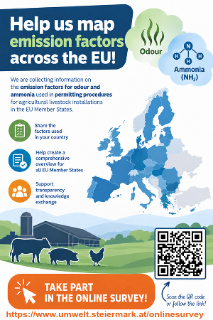 Infografik zur EU-Umfrage über Emissionsfaktoren für Geruch und Ammoniak in der Landwirtschaft mit QR-Code.