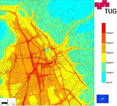 Simulierter Jahresmittelwert an NO2 für Graz (Quelle: TU Graz)