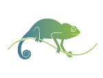 Stilisierte Illustration eines grünen Chamäleons, das an einem Zweig sitzt.