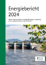 Titelbild des Energieberichtes 2024 mit einem Wasserkraftwerk an der Mur, im Hintergrund Berge.